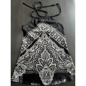 Black White Paisley Halter Neck Cami‎ Top Women's S/P Y2K Bandana Party Boho